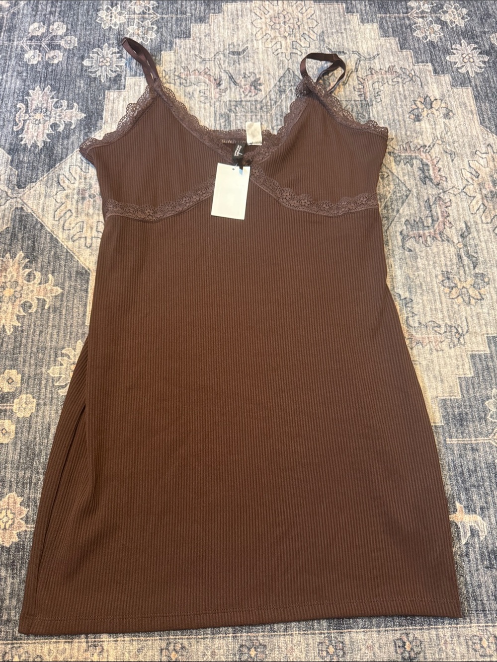 H&M Brown Ribbed Lace-Trim Chemise Slip